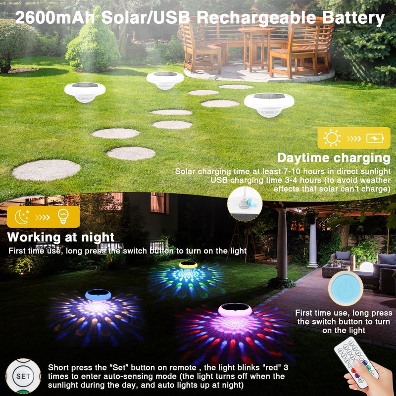 QOLNBY 2-in-1 Solar Pool Lights USB Rechargeable Floating Pool Lights with Remote, 6.69 Inch 2600mAh IP68 Waterproof RGB 6 Dynamic Modes Upper and Lower Glow Hangable Light for Patio 1 Pack - Image 3